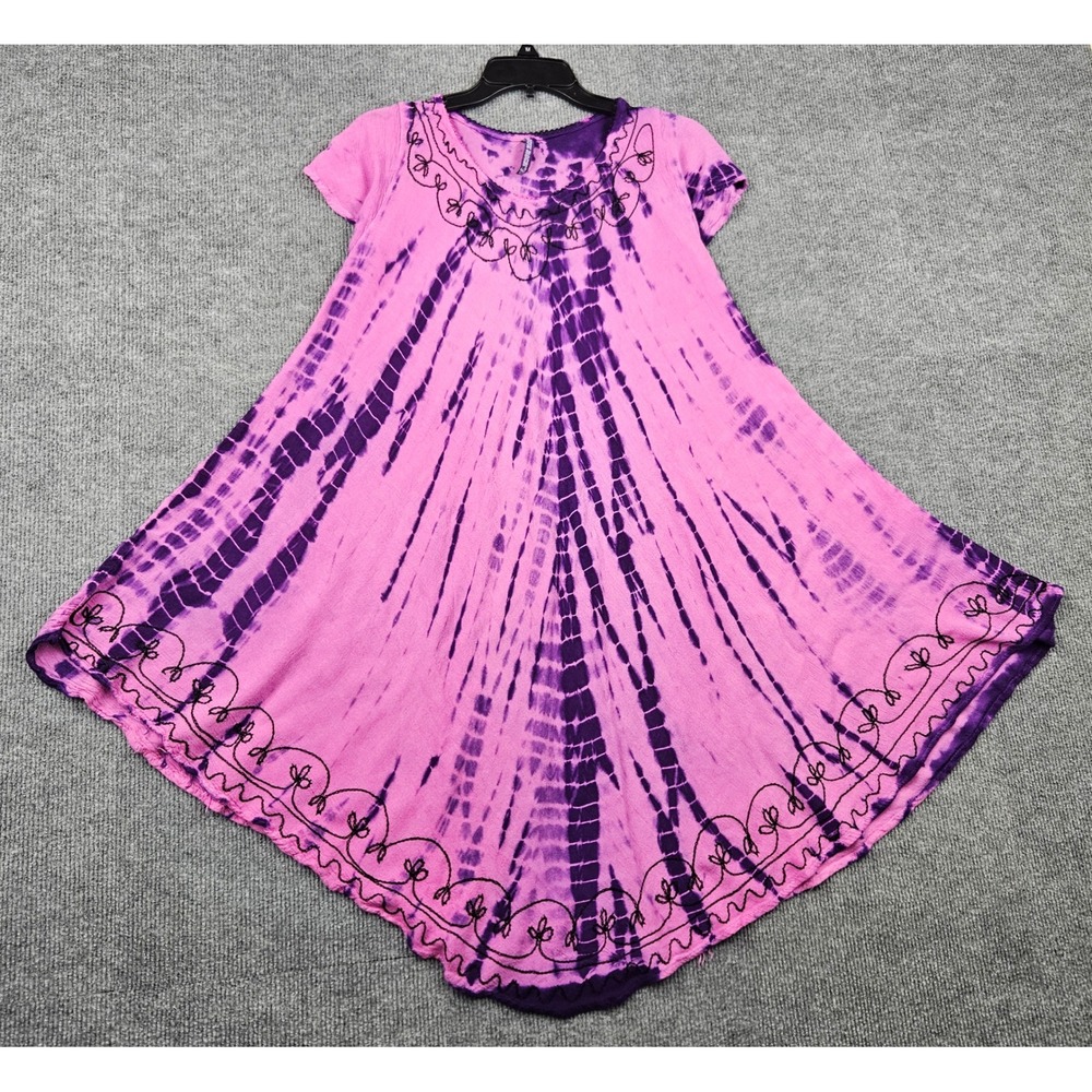 True Rock Pink Purple Tie Dye Embroidered Handkerchief Hem Tunic Dress Free Size